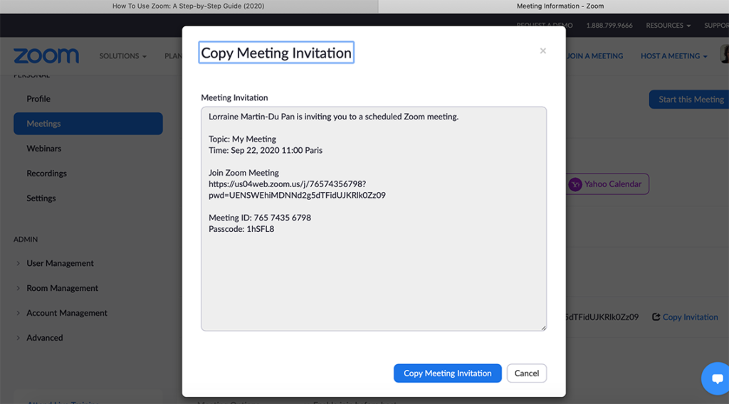 Copy meeting invitation Zoom